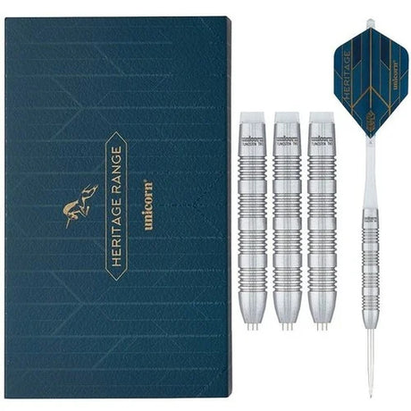 Unicorn Heritage 1976 T90 Multi Ring darts set shown with box and five dart barrels.