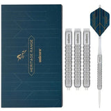 Unicorn Heritage 1988 Striker darts set with classic blue box and silver ringed barrels – vintage design for modern throwers.