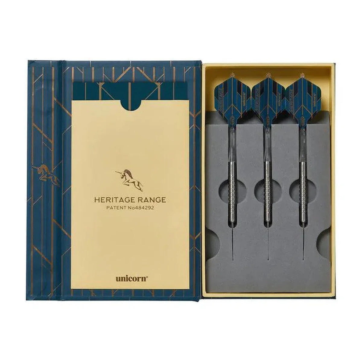 Unicorn Heritage 1988 Striker darts presented in a luxury Heritage Range case – complete set of three precision-engineered darts.