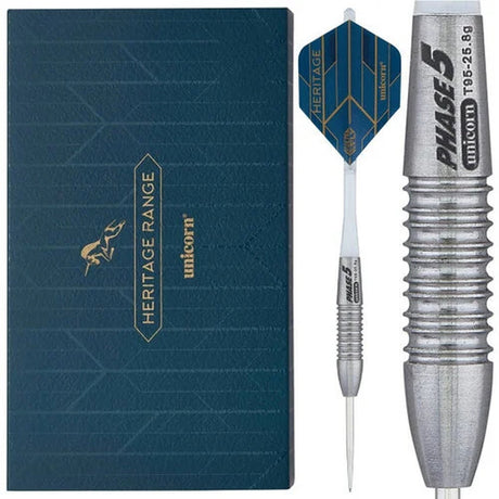 Unicorn Heritage Phase 5 dart set with heritage range box – sharp grip profile and iconic Phase 5 styling.