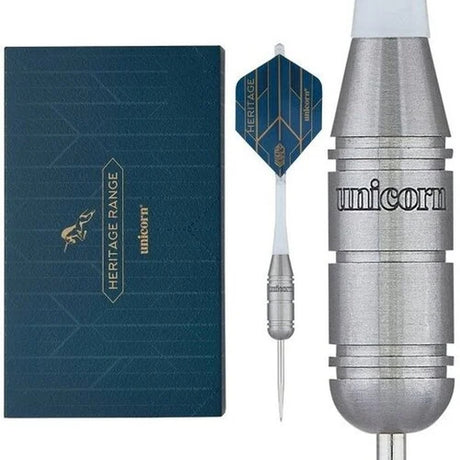 Unicorn Heritage Zippy dart set with display box – compact and iconic barrel shape for unique throwers.