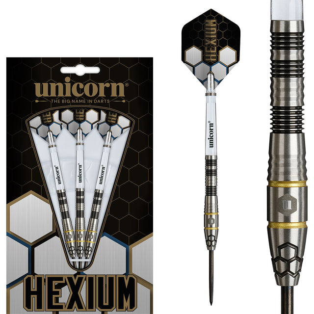 Hexium 1 Steel Tip Darts main product image showing the darts, packaging, flights, shafts, and included accessories