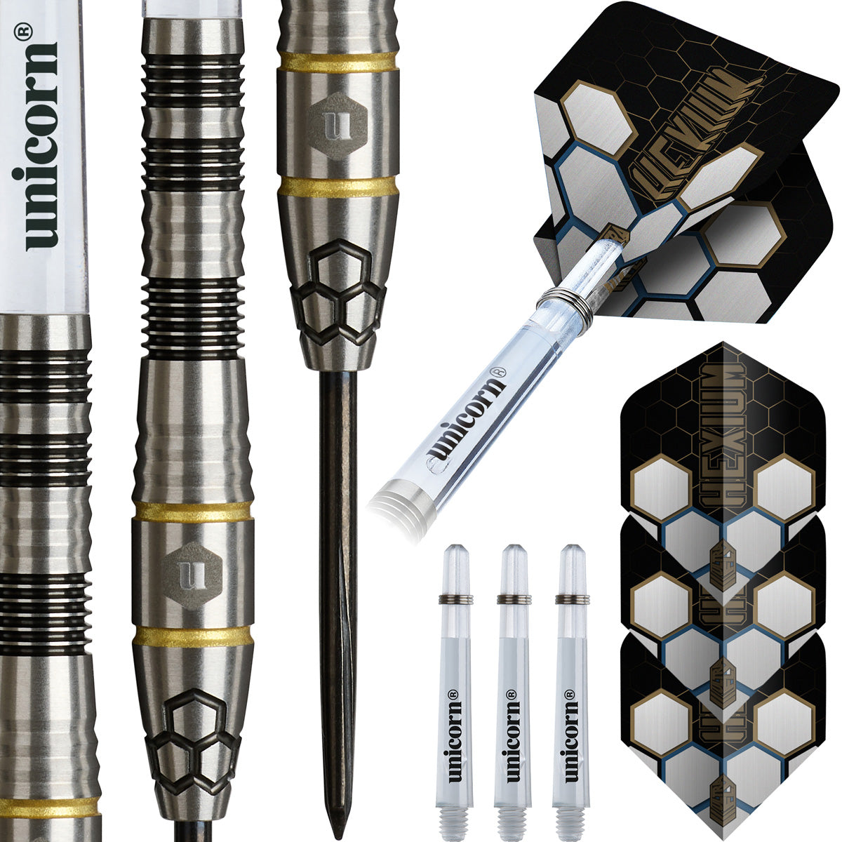 Hexium 1 Steel Tip Darts contents image displaying everything included inside the package