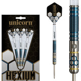 Hexium 2 Steel Tip Darts main product image showing the darts, packaging, flights, shafts, and included accessories