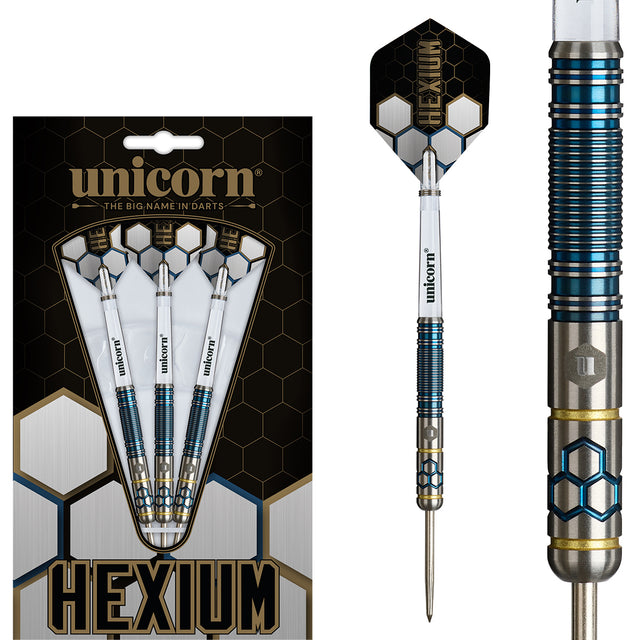 Hexium 2 Steel Tip Darts main product image showing the darts, packaging, flights, shafts, and included accessories