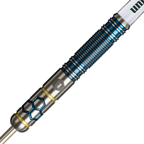 Hexium 2 Steel Tip Darts close up image showing detailed grip patterns, machining, coating, and precision craftsmanship