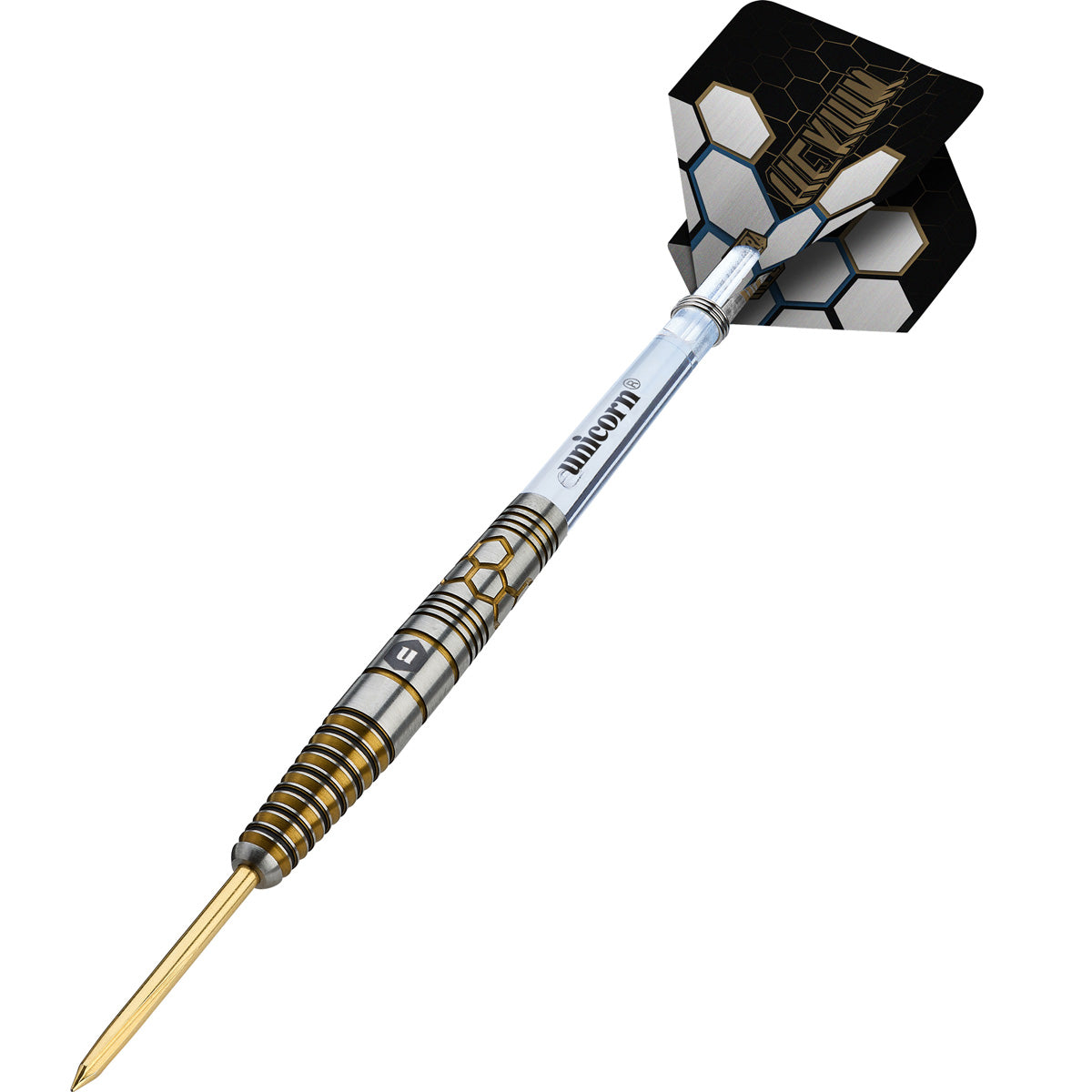 Hexium 3 Steel Tip Darts angled product image displaying the barrel profile, grip layout, and design features