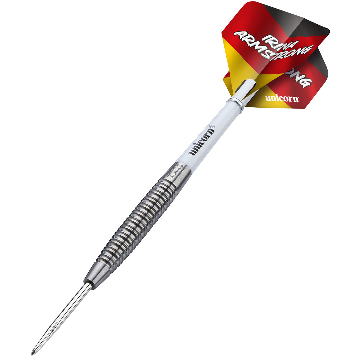Irina Armstrong Steel Tip Darts angled product image displaying the barrel profile, grip layout, and design features