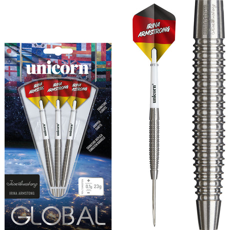 Irina Armstrong Steel Tip Darts main product image showing the darts, packaging, flights, shafts, and included accessories