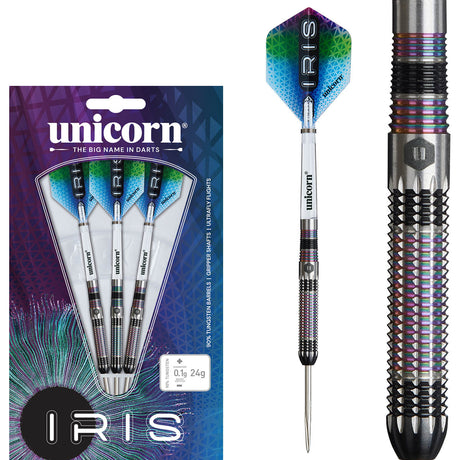 Iris Steel Tip Darts main product image showing the darts, packaging, flights, shafts, and included accessories