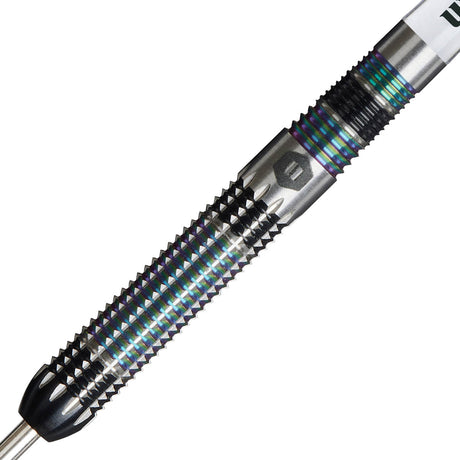 Iris Steel Tip Darts close up image showing detailed grip patterns, machining, coating, and precision craftsmanship