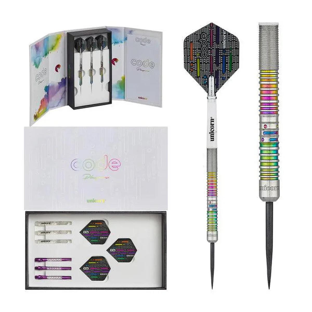 Unicorn James Wade Code darts set with gift-style packaging and complete dart setup.
