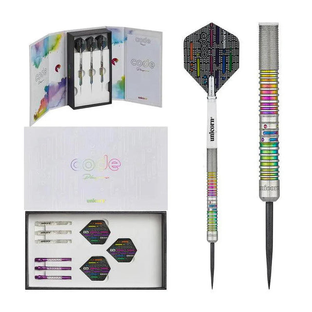 Unicorn James Wade Code darts set with gift-style packaging and complete dart setup.