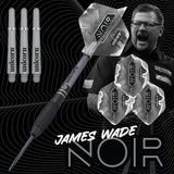 James Wade Noir Steel Tip Darts branded contents image displaying the darts and included accessories alongside Unicorn branding