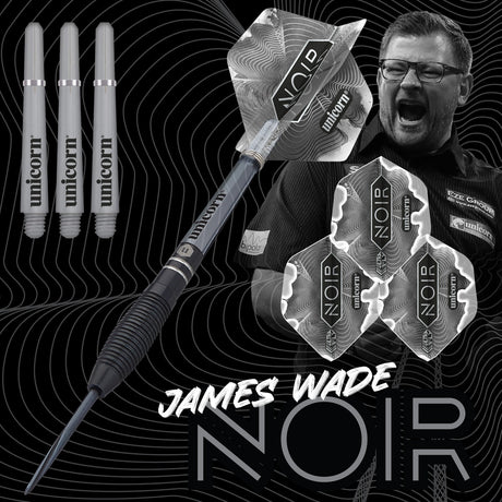 James Wade Noir Steel Tip Darts branded contents image displaying the darts and included accessories alongside Unicorn branding