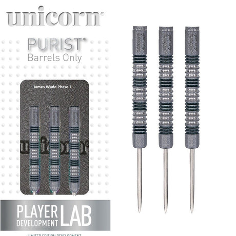 James Wade Phase 1 Purist Steel Tip Darts main product image showing the darts, packaging, flights, shafts, and included accessories