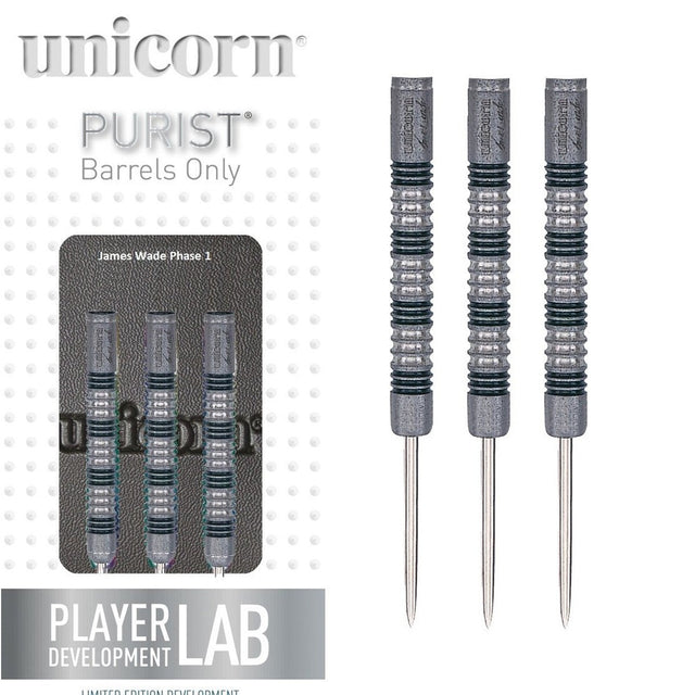 James Wade Phase 1 Purist Steel Tip Darts main product image showing the darts, packaging, flights, shafts, and included accessories