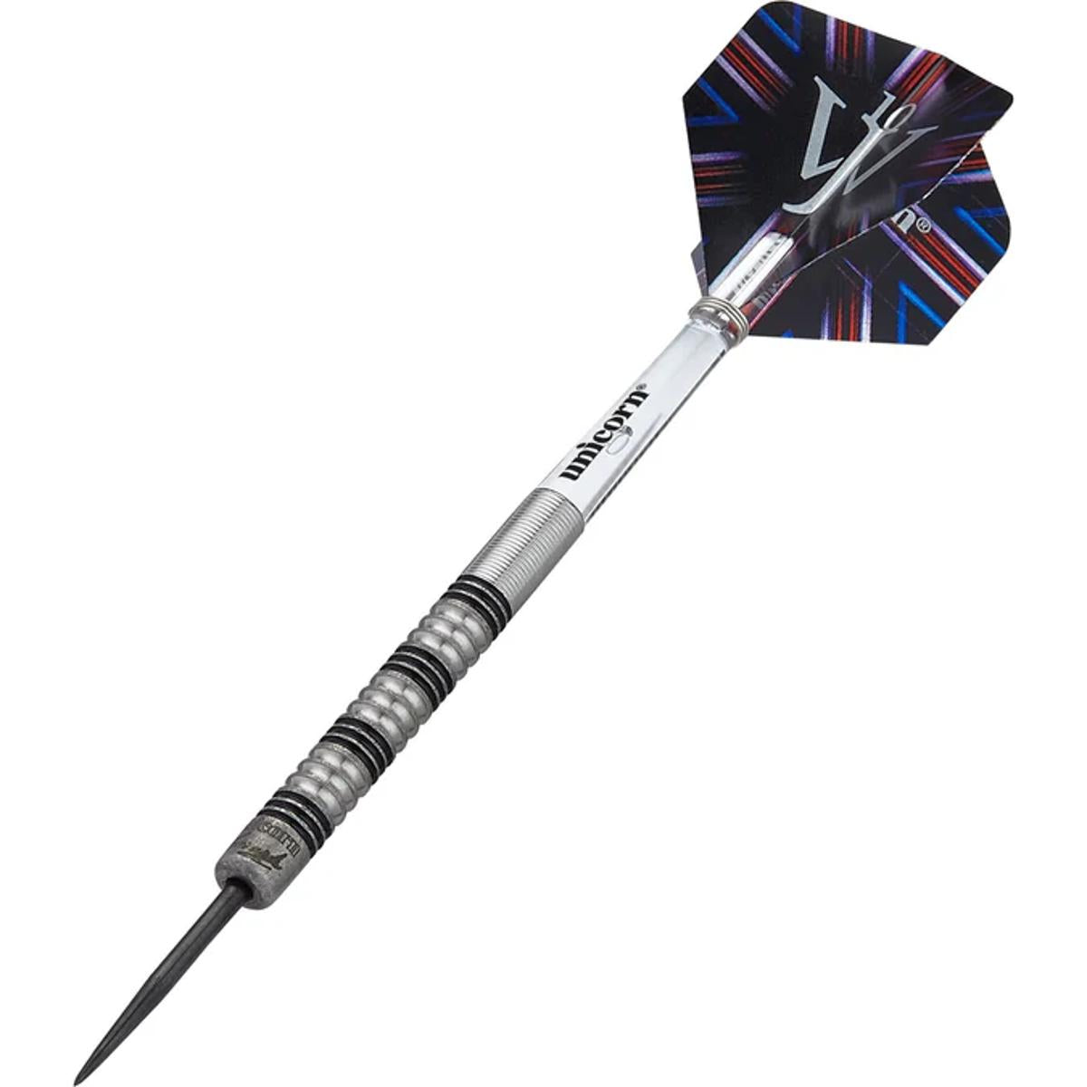 Side view of James Wade Premier dart by Unicorn with Union Jack flight and black ring grip