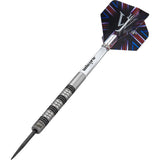 Side view of James Wade Premier dart by Unicorn with Union Jack flight and black ring grip