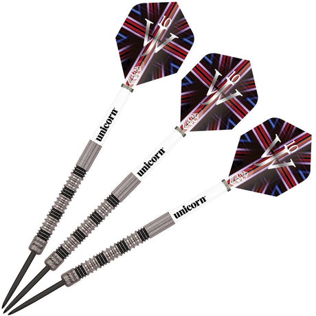 James Wade Premier Steel Tip Darts image showing the complete three dart set together highlighting barrel design consistency and styling