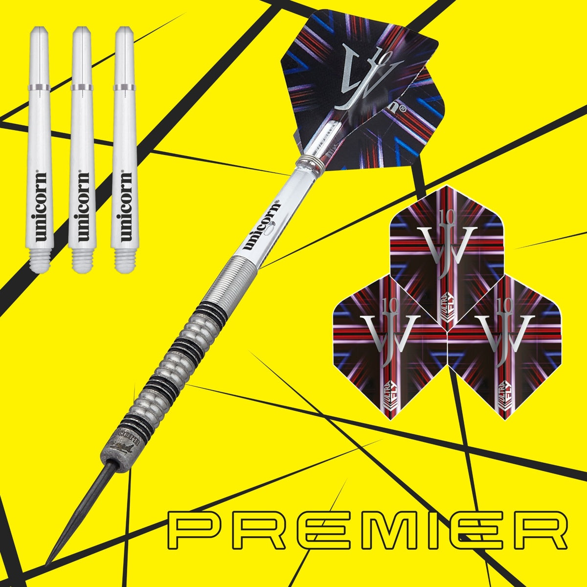 James Wade Premier Steel Tip Darts branded contents image displaying the darts and included accessories alongside Unicorn branding