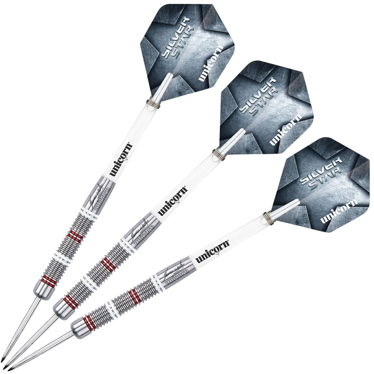 James Wade Silver Star Steel Tip Darts image showing the complete three dart set together highlighting barrel design consistency and styling