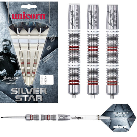 James Wade Silver Star Steel Tip Darts main product image showing the darts, packaging, flights, shafts, and included accessories