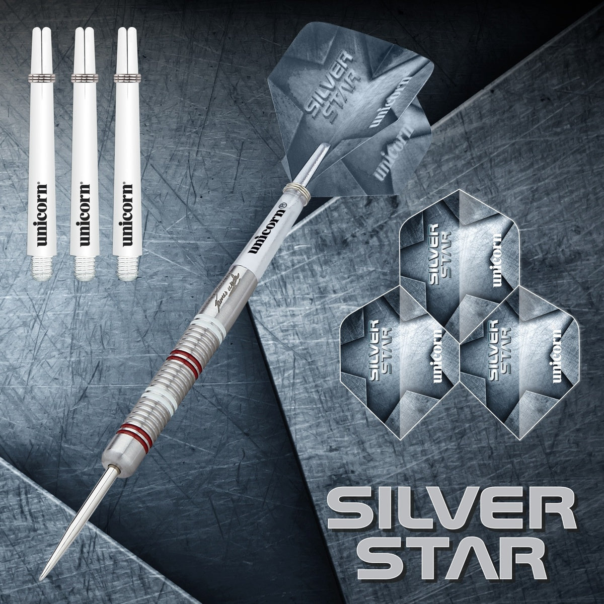 James Wade Silver Star Steel Tip Darts branded contents image displaying the darts and included accessories alongside Unicorn branding