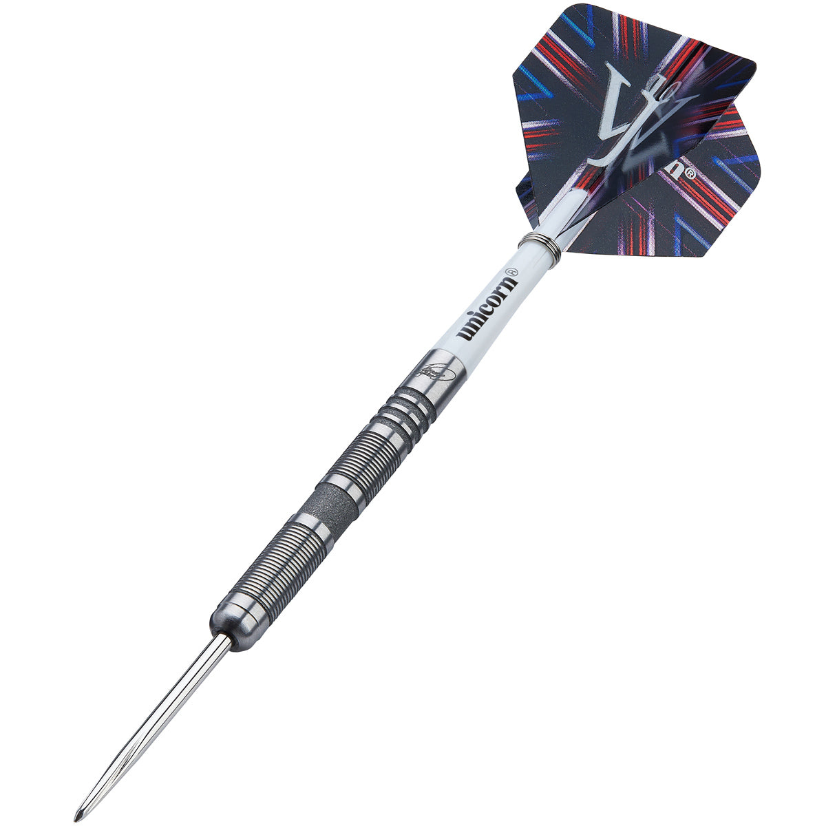 James Wade The Machine 04 Steel Tip Darts angled product image displaying the barrel profile, grip layout, and design features