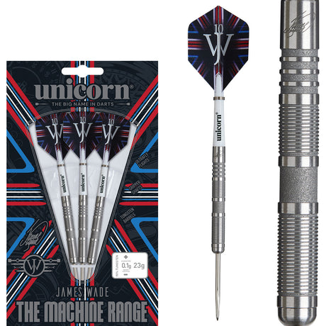 James Wade The Machine 04 Steel Tip Darts main product image showing the darts, packaging, flights, shafts, and included accessories