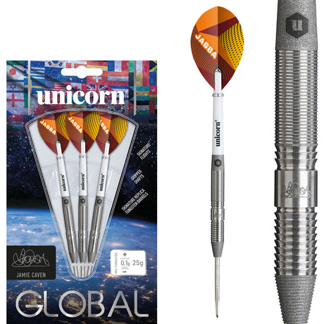 Jamie Caven Steel Tip Darts main product image showing the darts, packaging, flights, shafts, and included accessories
