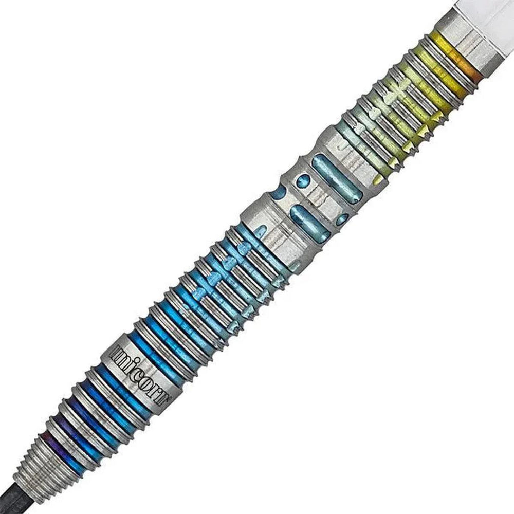 Close-up of the Unicorn Jeffrey de Zwaan Code dart barrel with detailed blue ring grip.