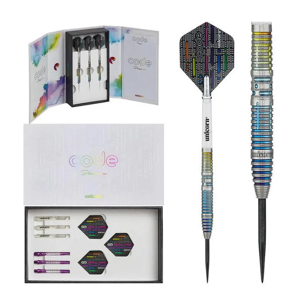 Unicorn Jeffrey de Zwaan Code darts set with packaging, accessories, and full dart view.