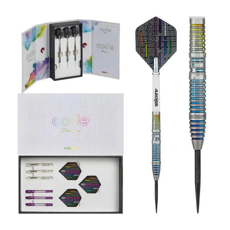 Unicorn Jeffrey de Zwaan Code darts set with packaging, accessories, and full dart view.