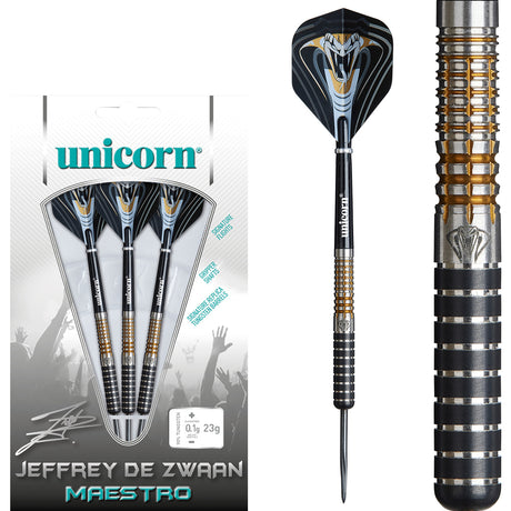 Jeffrey De Zwaan Maestro P3 Steel Tip Darts main product image showing the darts, packaging, flights, shafts, and included accessories