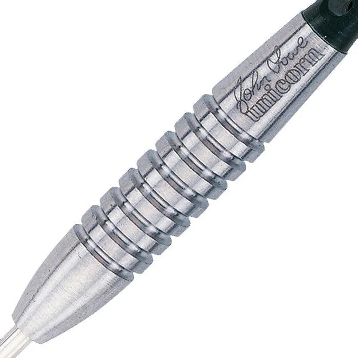  Close-up view of the Unicorn John Lowe dart barrel showing engraved signature and grip pattern.