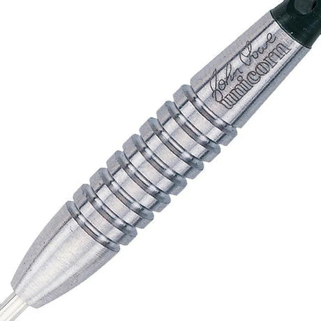  Close-up view of the Unicorn John Lowe dart barrel showing engraved signature and grip pattern.