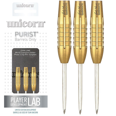 John Lowe Phase 2 Gold Shark Grip Purist Steel Tip Darts main product image showing the darts, packaging, flights, shafts, and included accessories