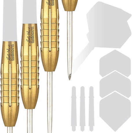 John Lowe Phase 2 Gold Shark Grip Purist Steel Tip Darts contents image displaying everything included inside the package