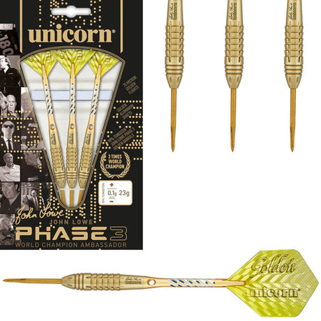 John Lowe Phase 3 World Champion Steel Tip Darts main product image showing the darts, packaging, flights, shafts, and included accessories