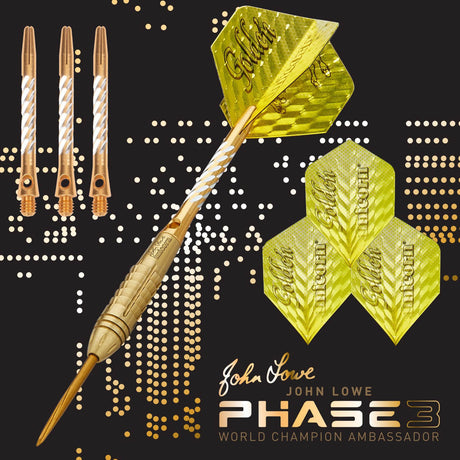 John Lowe Phase 3 World Champion Steel Tip Darts branded contents image displaying the darts and included accessories alongside Unicorn branding