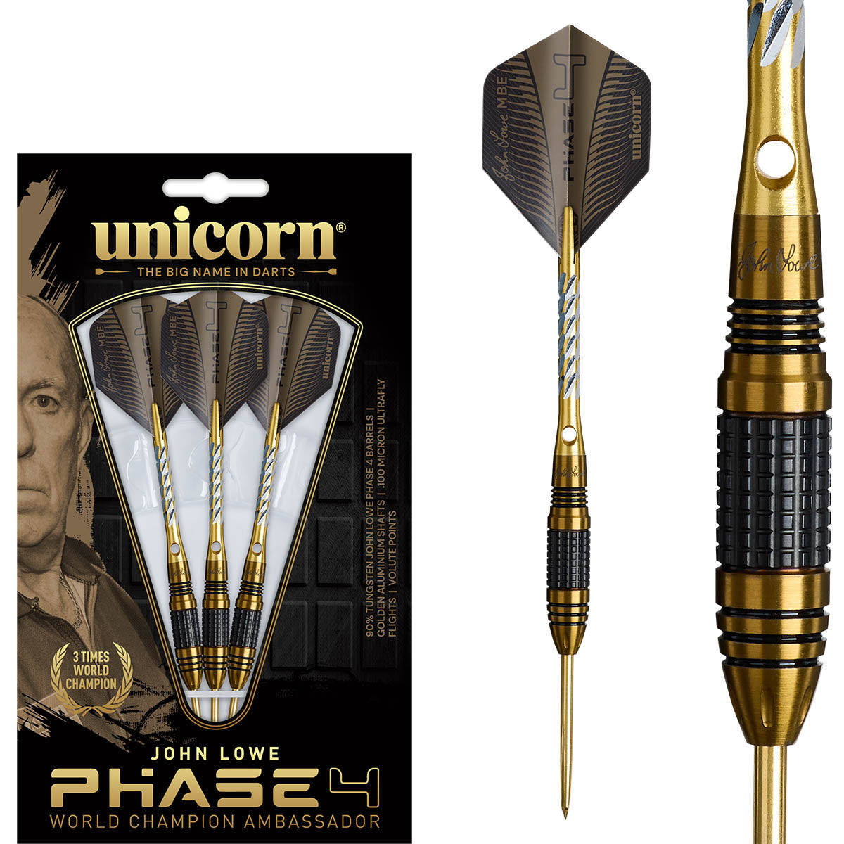 John Lowe Phase 4 World Champion Steel Tip Darts main product image showing the darts, packaging, flights, shafts, and included accessories
