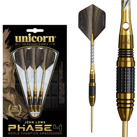 John Lowe Phase 4 World Champion Steel Tip Darts main product image showing the darts, packaging, flights, shafts, and included accessories