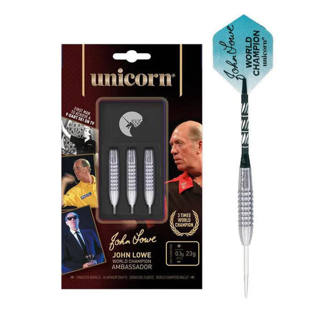 John Lowe World Champion Ambassador Steel Tip Darts main product image showing the darts, packaging, flights, shafts, and included accessories