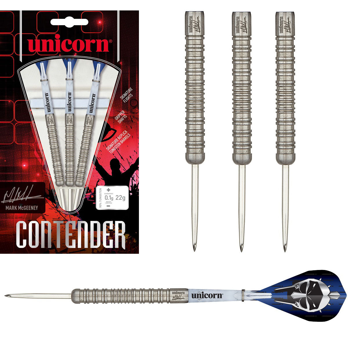 Mark McGeeney Contender Steel Tip Darts main product image showing the darts, packaging, flights, shafts, and included accessories