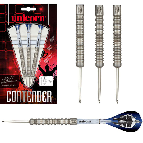 Mark McGeeney Contender Steel Tip Darts main product image showing the darts, packaging, flights, shafts, and included accessories