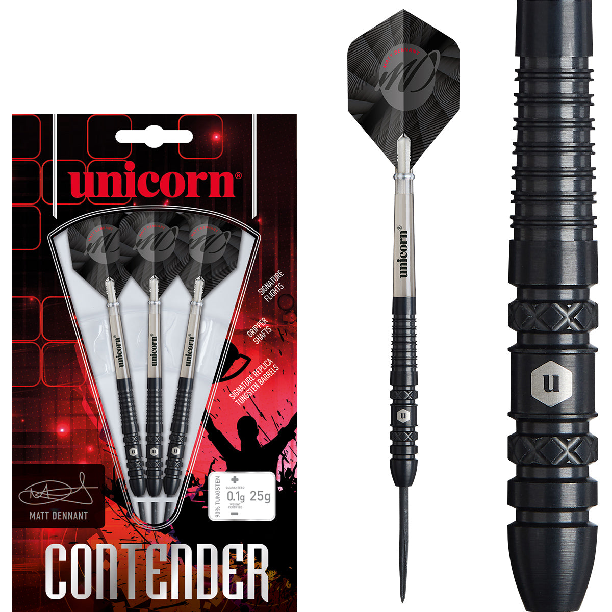 Matt Dennant Steel Tip Darts main product image showing the darts, packaging, flights, shafts, and included accessories
