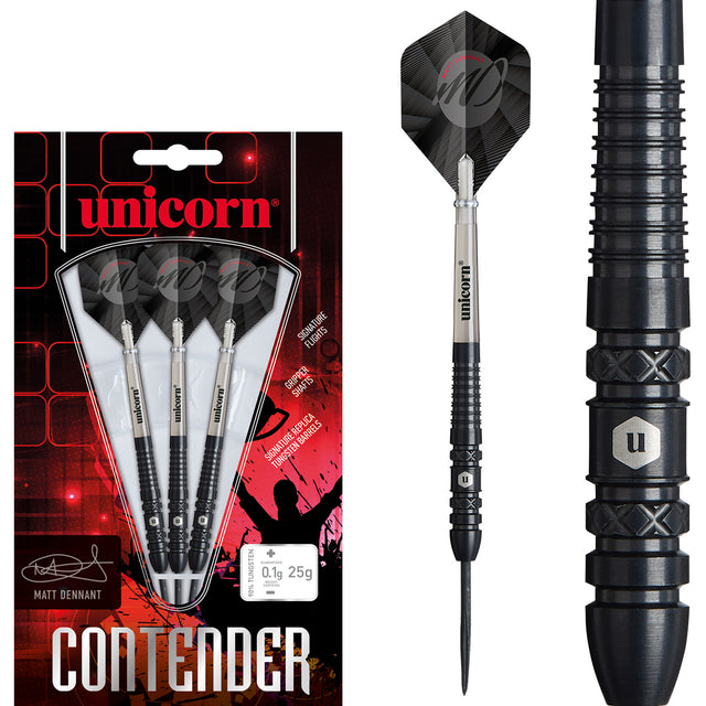 Matt Dennant Steel Tip Darts main product image showing the darts, packaging, flights, shafts, and included accessories
