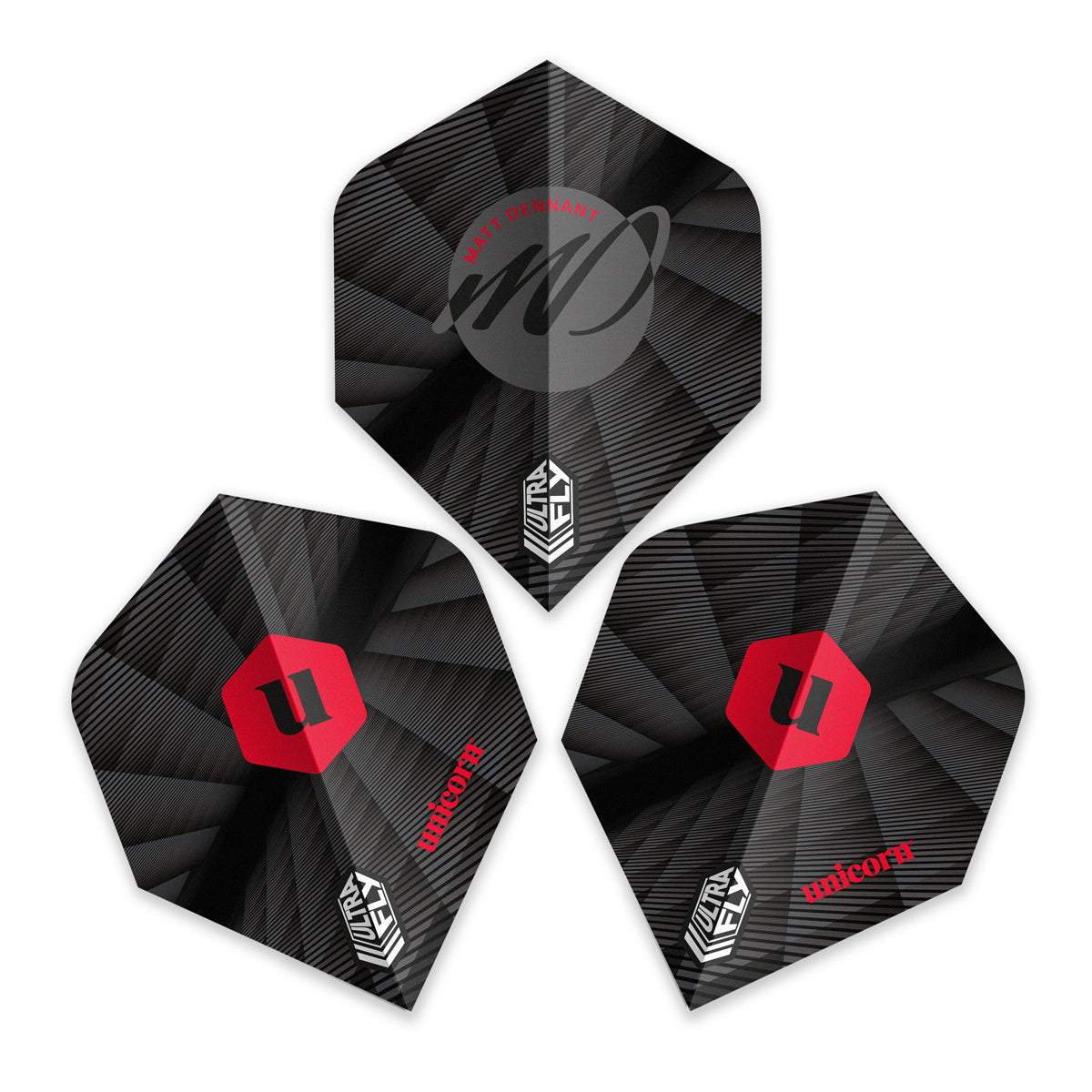Matt Dennant Ultrafly BW Dart Flights by Unicorn showing multiple angles of all 3 dart flights on a white background.