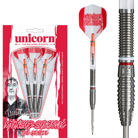 Mensur Suljovic Steel Tip Darts main product image showing the darts, packaging, flights, shafts, and included accessories